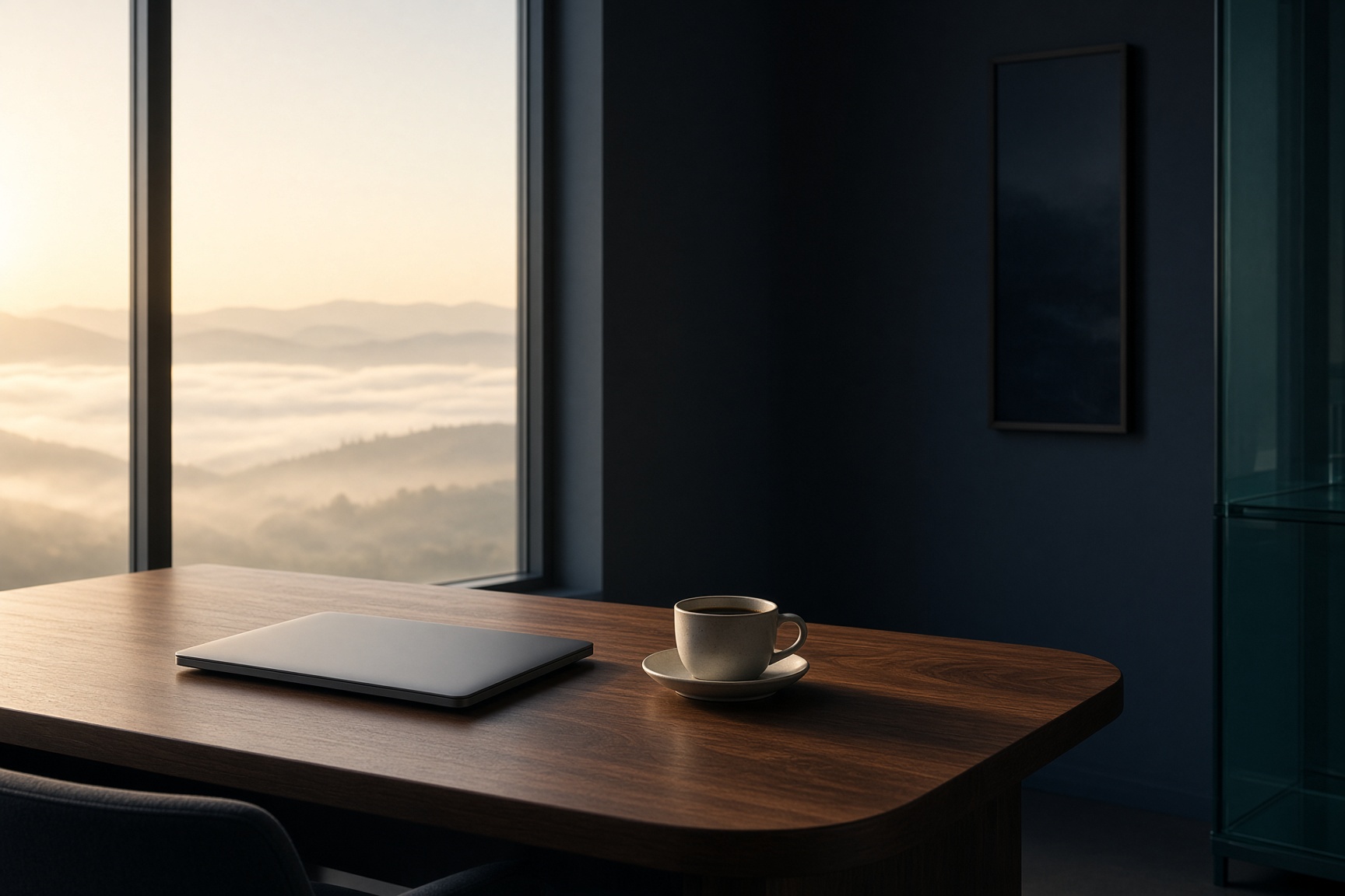 A quiet office at dawn — work finished