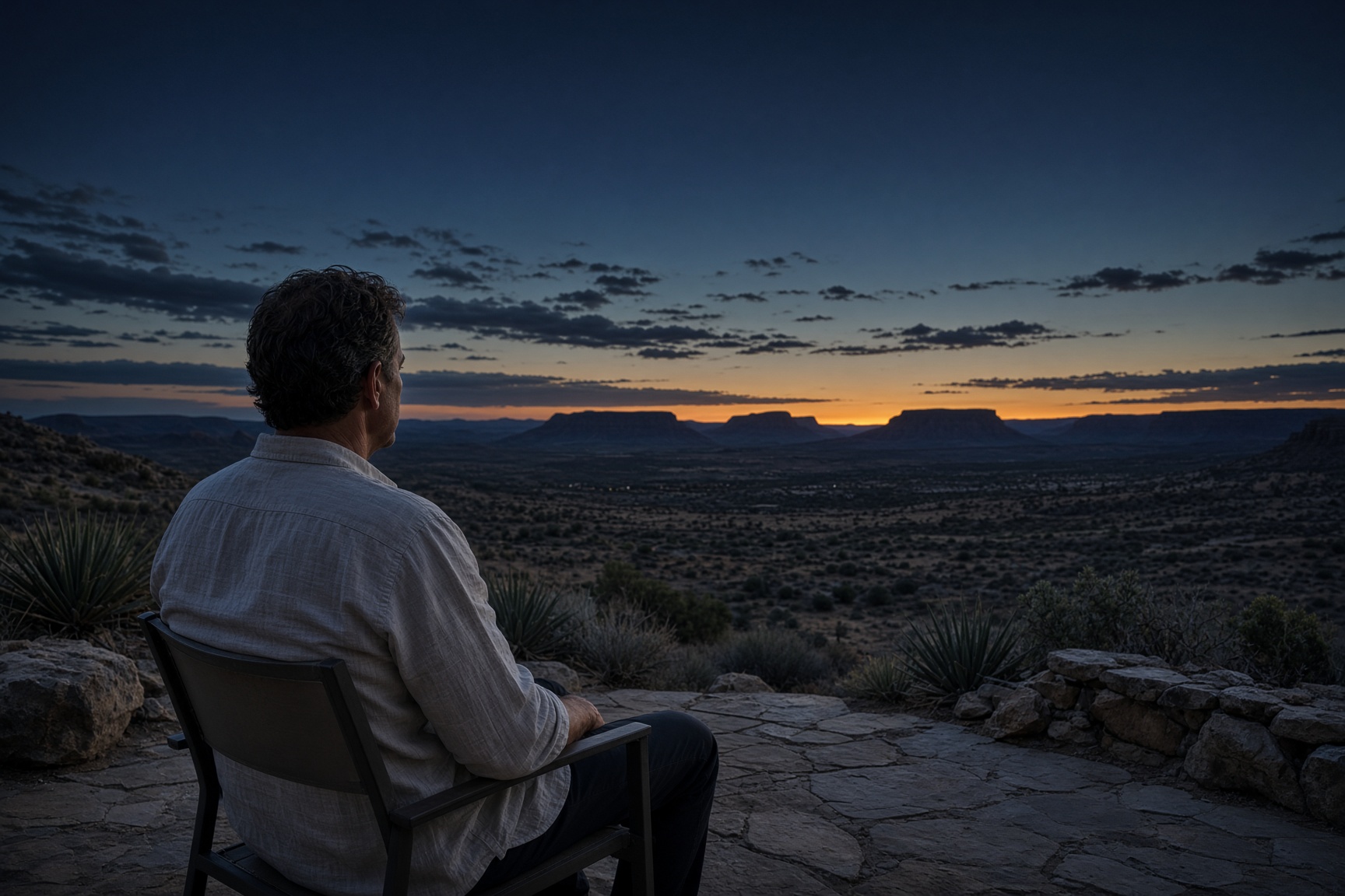 An owner looking out over an open valley at dusk